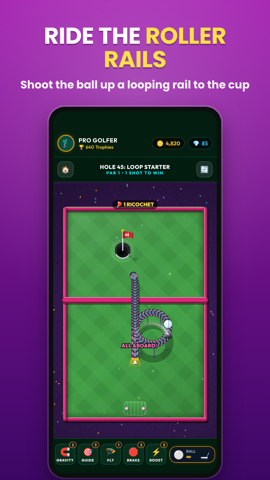 The Roller Rails course, where a looping rail carries the golf ball toward the cup.