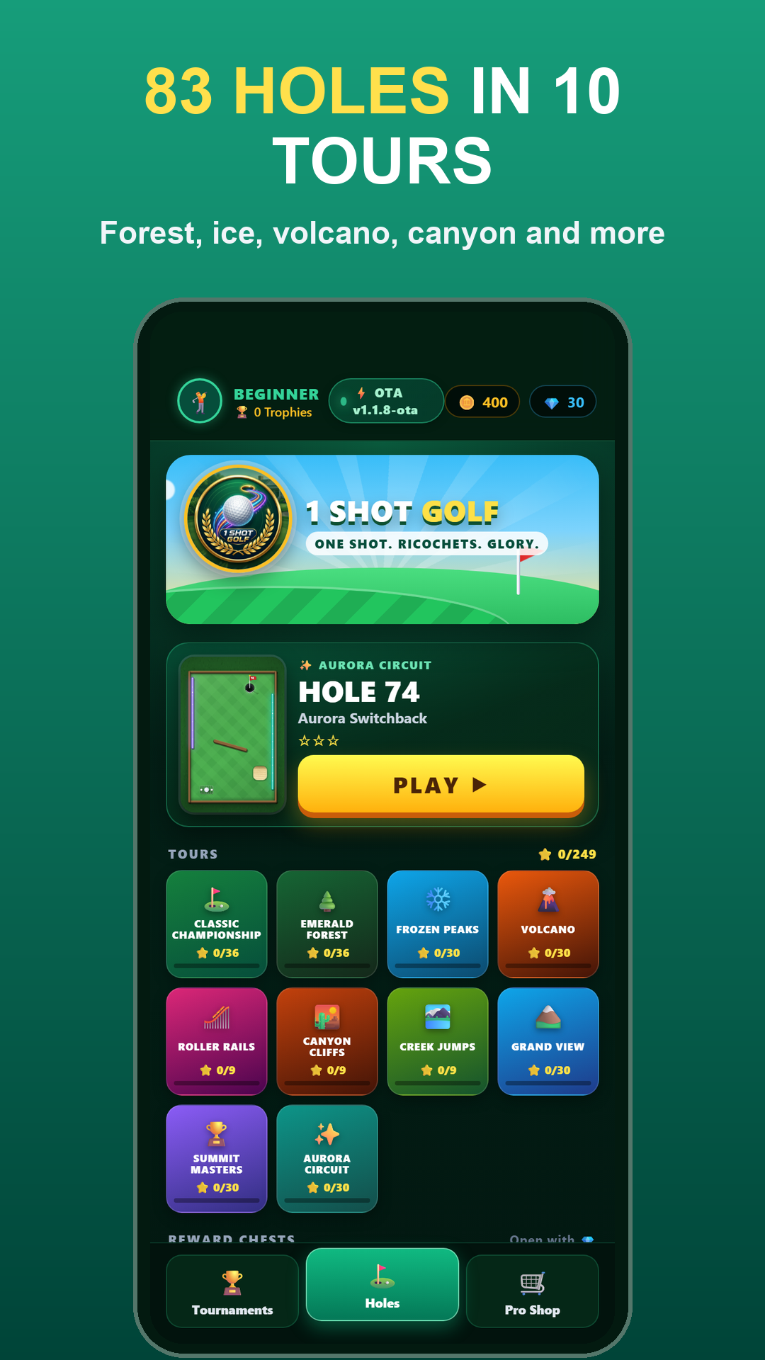 The tour selection screen with 83 holes across 10 tours and 249 available stars.