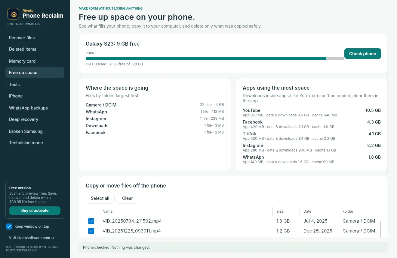 Rivets Phone Reclaim showing an Android phone with 9 GB free, the folders and apps using the most storage, and videos selected to copy to the computer