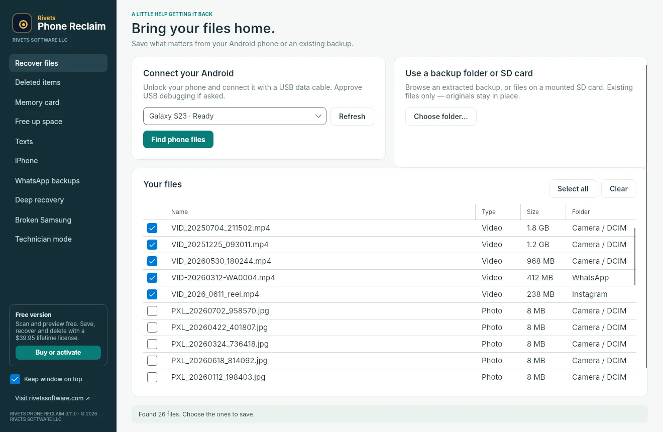 Android phone files listed by size with videos from the camera, WhatsApp and Instagram selected to save to the computer
