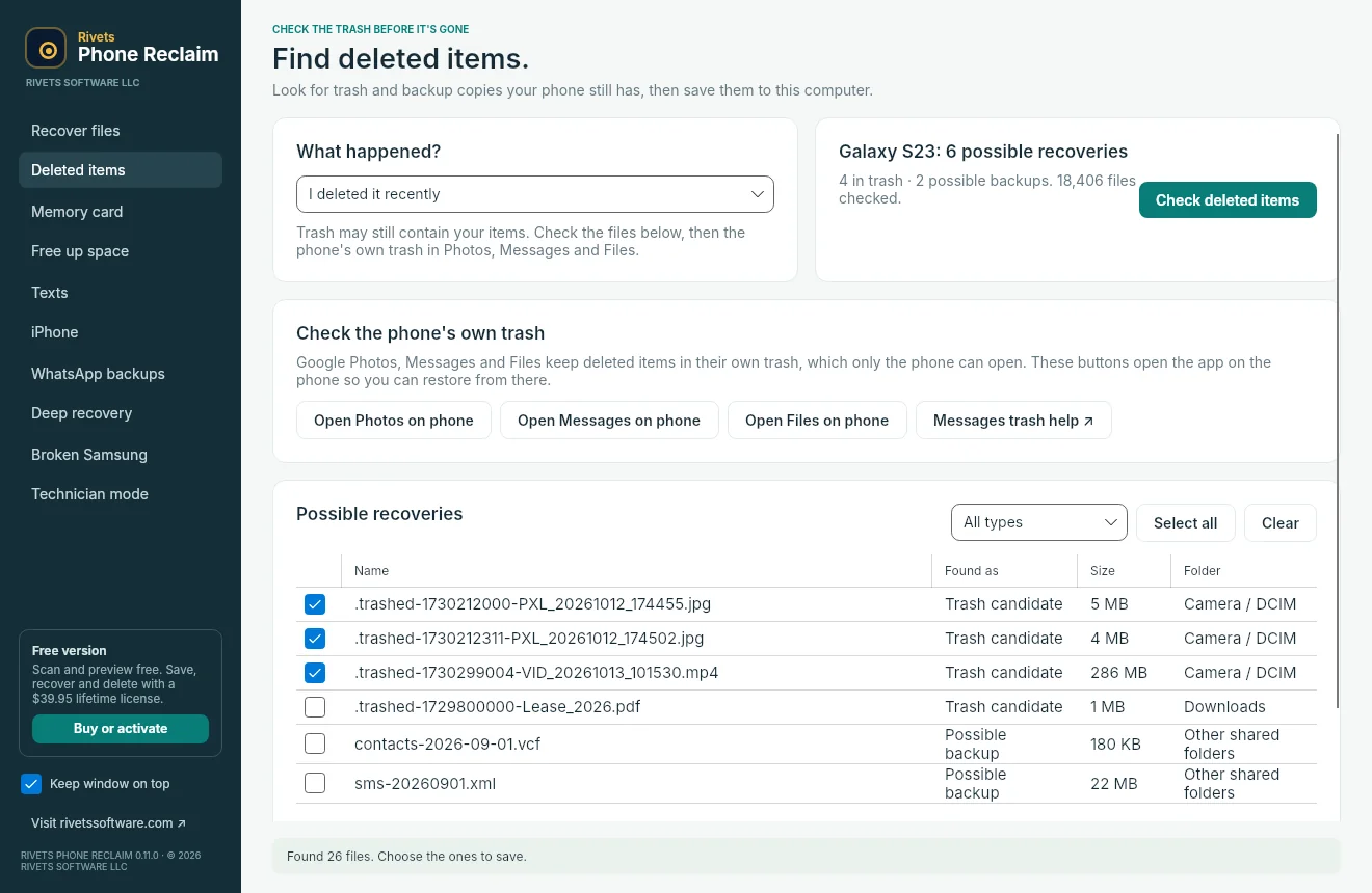 Deleted items check listing photos and a video found in the phone's trash, plus contact and SMS backup files