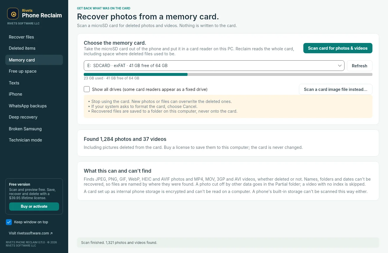 Memory card scan in Rivets Phone Reclaim that found 1,284 deleted photos and 37 videos on a 64 GB microSD card