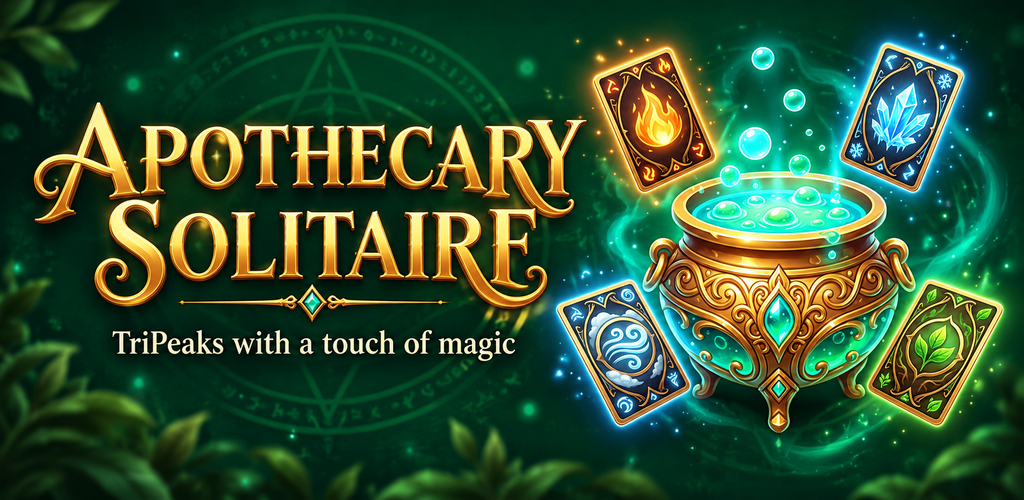Apothecary Solitaire: TriPeaks artwork with cards and a glowing alchemy workshop